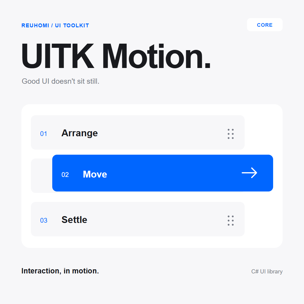 UITK Motion Core: three interface cards showing Arrange, Move and Settle